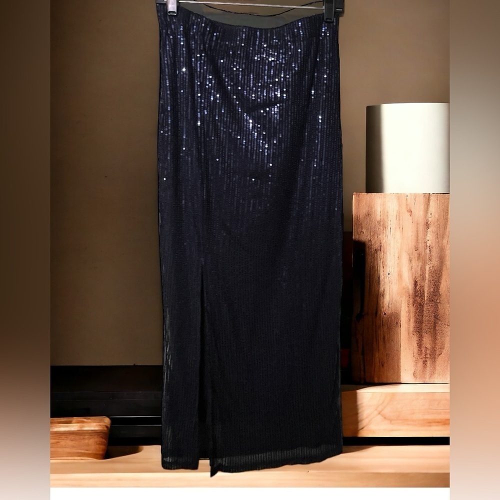 Adiva Sequin Maxi Front Split Blue Skirt